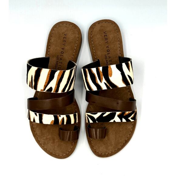 Real Leather Flats Animal Print Toe Loop Very Volatile Jenika Sandals Brown s 8 - Picture 3 of 14